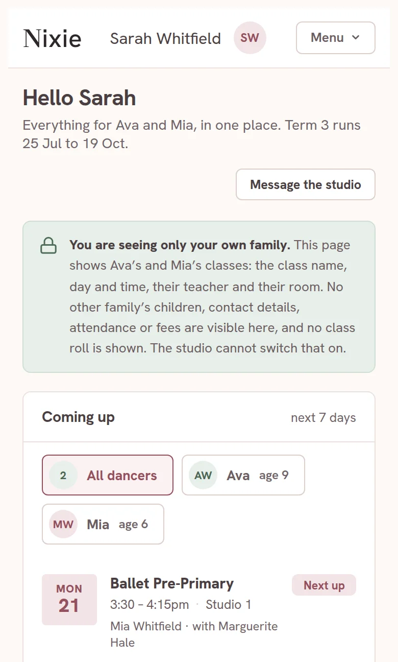 Nixie's family view on a phone, headed Hello Sarah, with a notice that the page shows only this family's dancers, followed by the next classes for Ava and Mia with their times, studios and teachers.